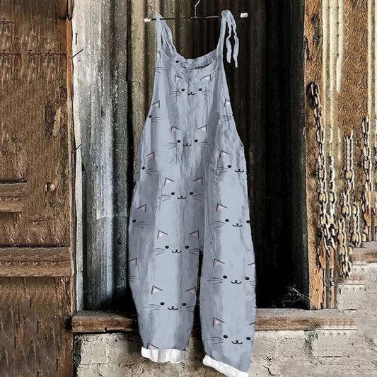 Vintage Cute Cat Printed Funny Casual Loose Jumpsuit elevenforest