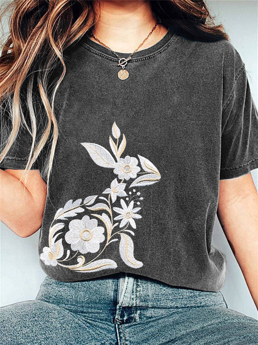 Flower Bunny Embroidery Pattern Casual T-Shirt artswardrobe
