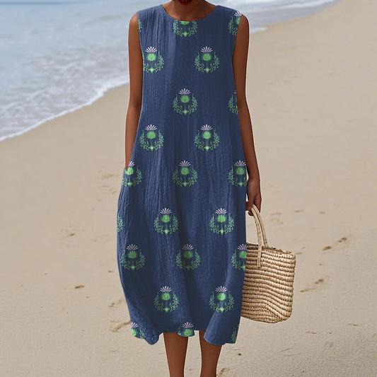 Women's Vintage Scottish Thistle Art Linen Sleeveless Dress artswardrobe