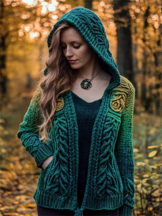 Irish Forest Gradient Celtic Cozy Hooded Cardigan elevenforest
