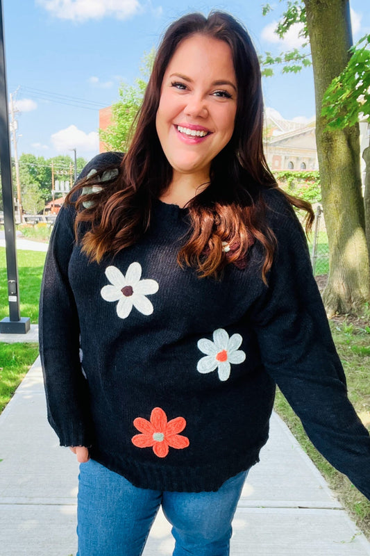 Luisa® | Eyes On You oversized knit sweater with floral patch in black