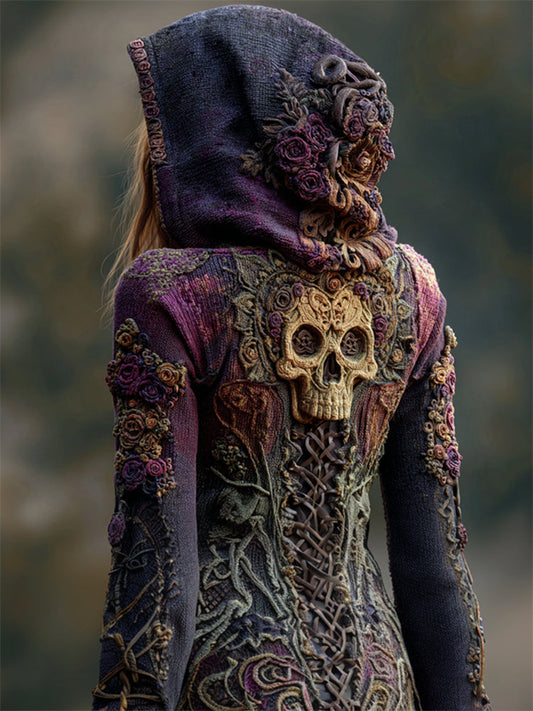 Vintage Skull Purple Roses Gradient Celtic Knit Hooded Sweater elevenforest