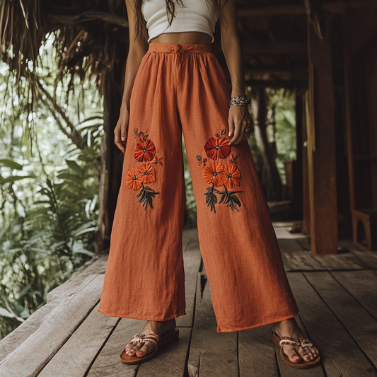Women's Boho Floral Embroidery Art Linen Casual Pants artswardrobe