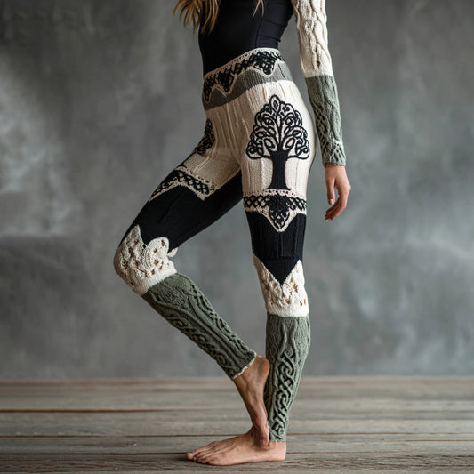 Vintage Viking Tree Of Life Celtic Knot Art Knit Jacquard Cozy Leggings artswardrobe