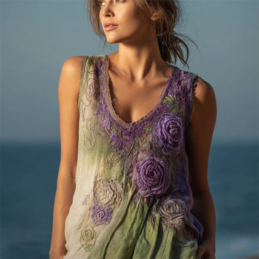 Boho Lavender Roses Fiber Art Gradient Flowy Linen Tank Top artswardrobe