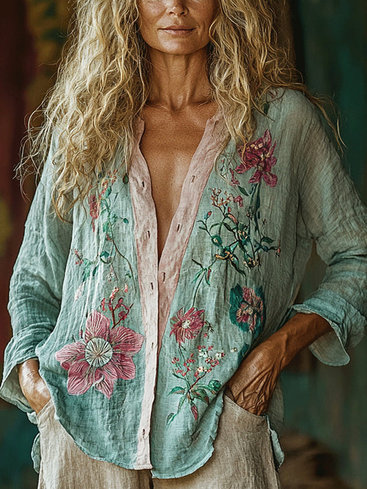 Women's Casual Bohemian Linen Floral Style Long-sleeve Top Shirt artswardrobe