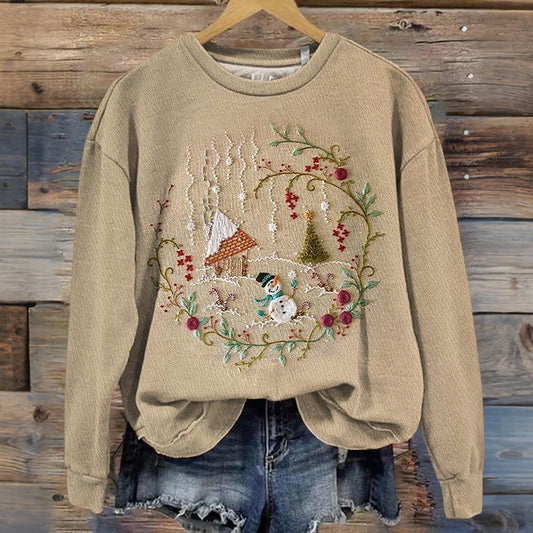 Comstylish Retro Christmas House Art Pattern Casual Sweatshirt