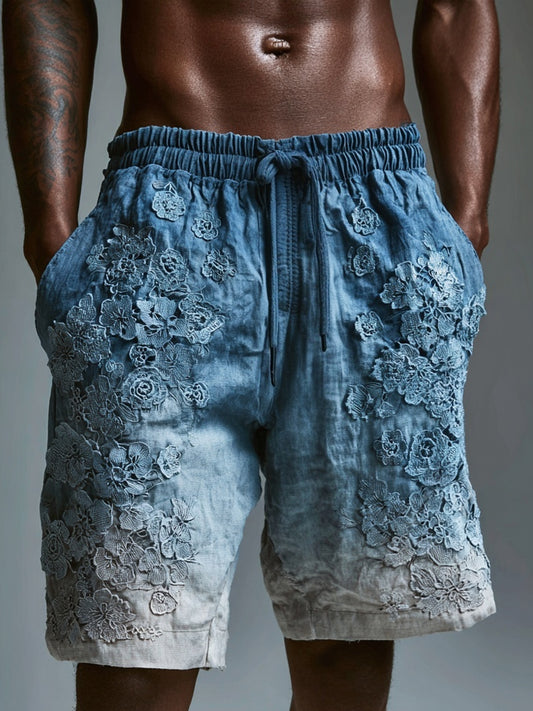 Men's Lace Flowers Embroidered Gradient Linen Shorts artswardrobe