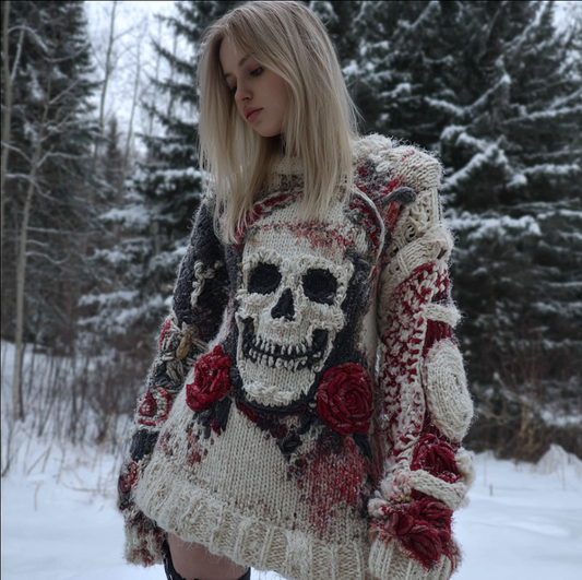 Lady's Halloween Gothic Style Skull Skeleton Pattern Knitted Sweater artswardrobe
