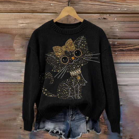 Cute Bow Cat Hot Diamond Sweater elevenforest