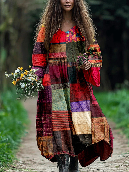 Vintage Boho Patchwork Linen Flowy Maxi Dress artswardrobe