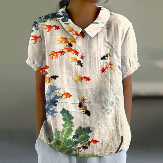 Comstylish Retro Watercolor Fish Art Pattern Printed Casual Women's  Cotton Linen Shirt
