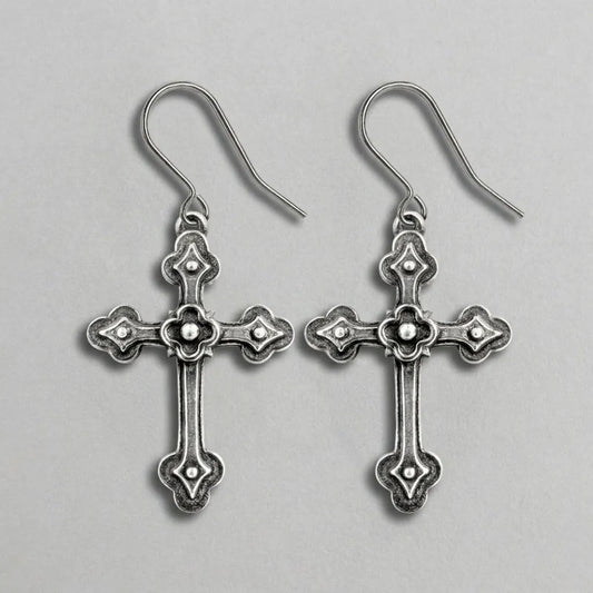 Shadow Cross Fleur Detail Antiqued Silver Earrings