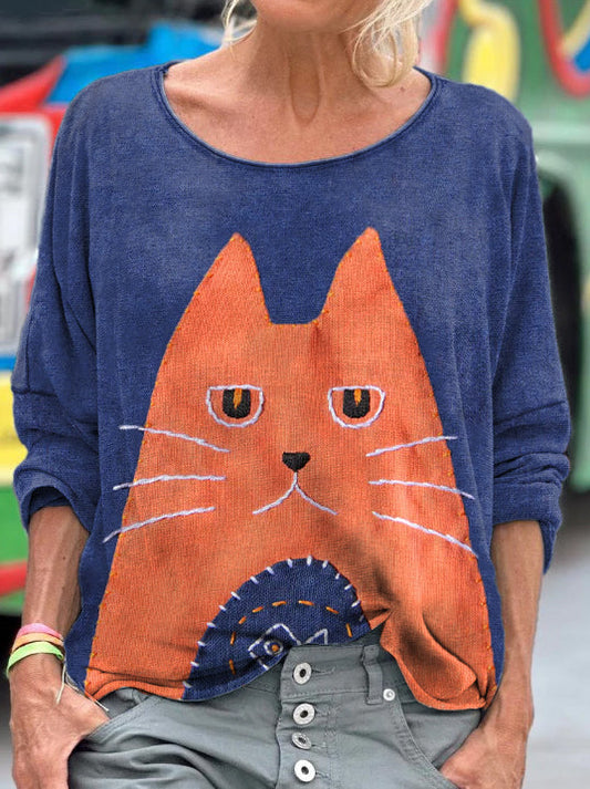 Women's Cute Cat Patchwork Art Long Sleeve T-shirt elevenforest