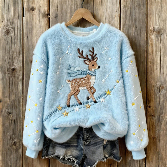Comstylish Women's Christmas Reindeer Embroidery Round Neck Cozy Plush Sweatshirt