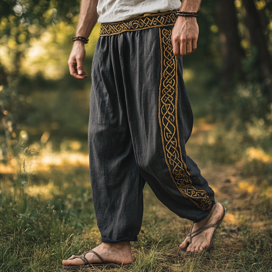 Vintage Viking Celtic Embroidery Art Linen Long Loose Wide-leg Pants artswardrobe