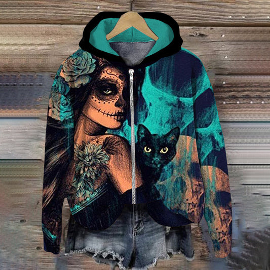 Mexican Day Of The Dead Catrina Huasteca And Black Cat Art Casual Zip-Up Hoodie elevenforest