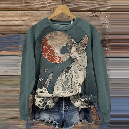 Comstylish Japanese Art Cat Print Crew Neck Sweatshirt