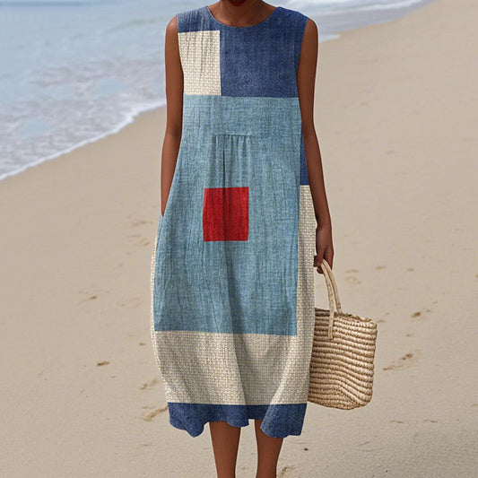 Women's Retro Abstract Geometric Print Cotton And Linen Dress artswardrobe