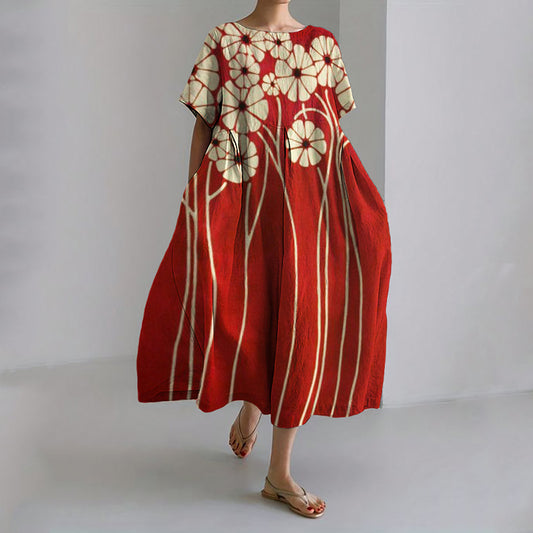 Comstylish Classy Flowers Japanese Art Linen Blend Maxi Dress