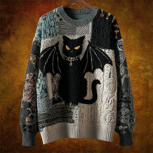 Halloween Black Cat With Bat Wings Patchwork Women's Crew Neck Knit Sweater elevenforest