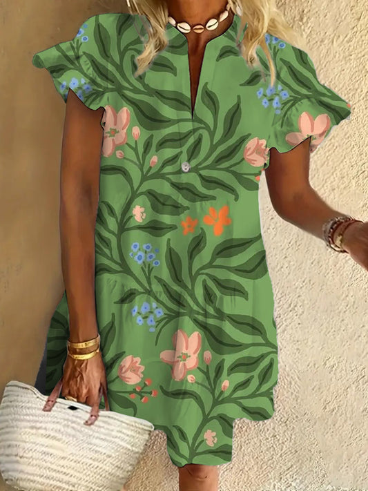 Green Ruffled Short-sleeved V-neck Buttoned Dress Vacation Beach Dress