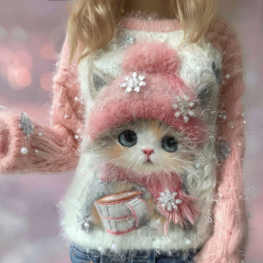 Women's Vintage Cute Cat Drinking Coffee Snowflake Art Cozy Sweater elevenforest