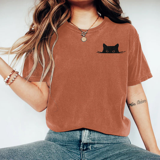 Comstylish Abstract Creative Embroidered Black Cat Art Print T-shirt
