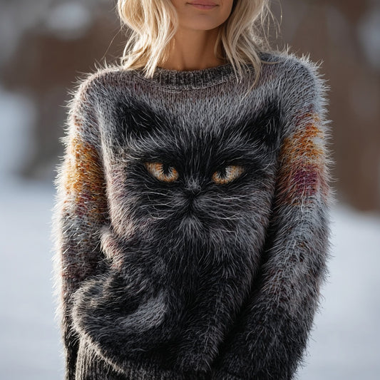 Comstylish Cute Fuzzy Cat Inspired Pattern Vintage Cozy Sweater