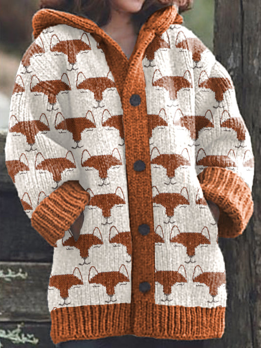 Fox Pattern Cozy Knit Hooded Cardigan artswardrobe