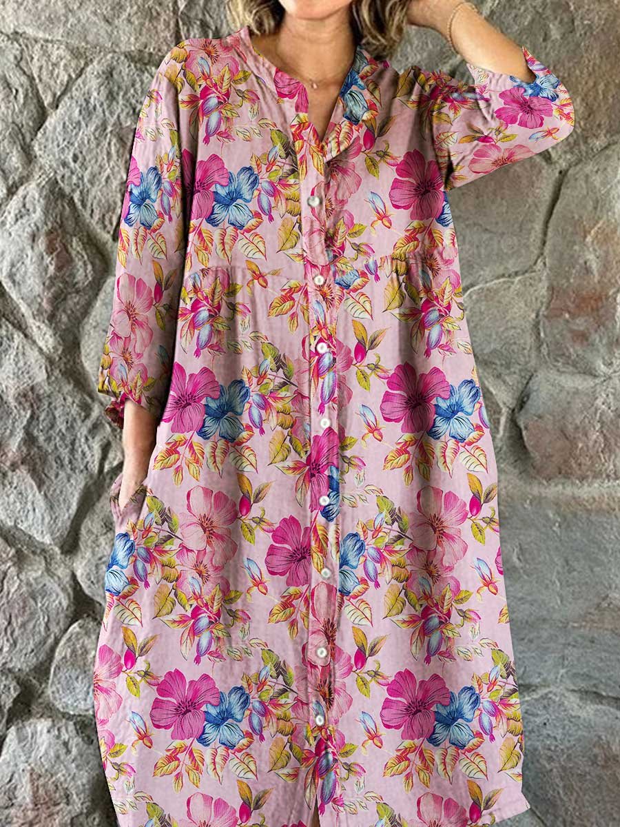 Women's Elegant Vintage Floral Print Shirt Style Cotton and Linen Dres