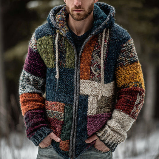 Men's Geometric Block Patchwork Color Knitted Zipper Hooded Sweater artswardrobe