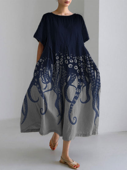 Comstylish Ocean Octopus Japanese Art Linen Blend Casual Dress