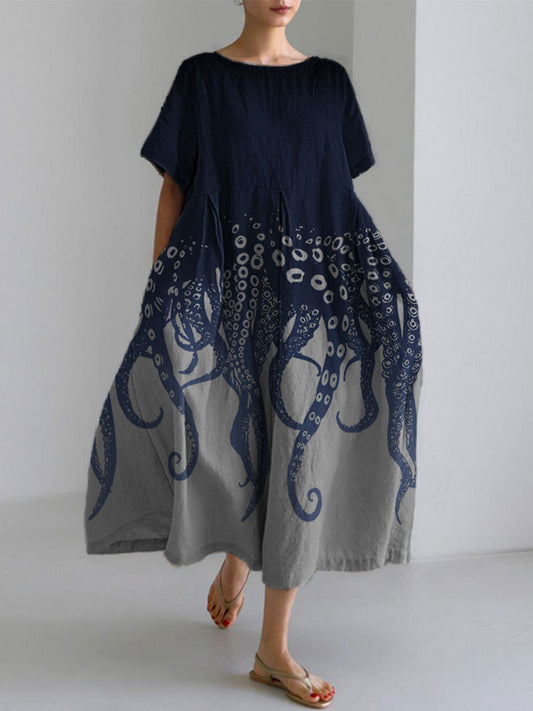 Comstylish Ocean Octopus Japanese Art Linen Blend Casual Dress