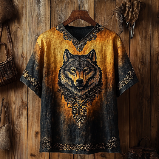 Men's Viking Celtic Wolf Art Gradient Linen T-shirt artswardrobe