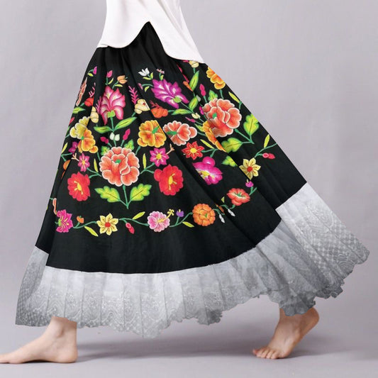 Vintage Cinco De Mayo Floral Embroidered Patchwork Lace Pattern Flowy Wide Skirt artswardrobe