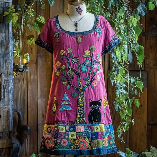 Comstylish Retro Pop Black Cat And Floral Applique Art Dress