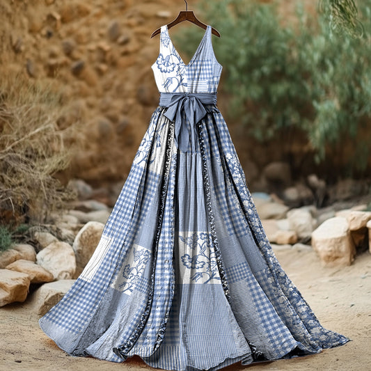 Women's Vintage Plaid Floral Patchwork Linen Tank Dress artswardrobe