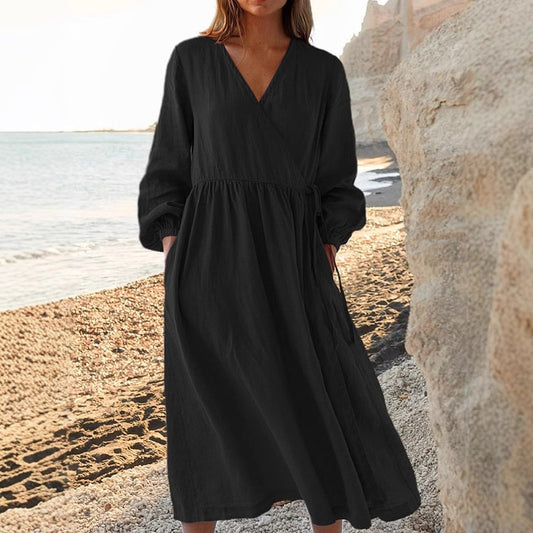 Casual Pleated Wrap V Neck Linen Midi Dress artswardrobe