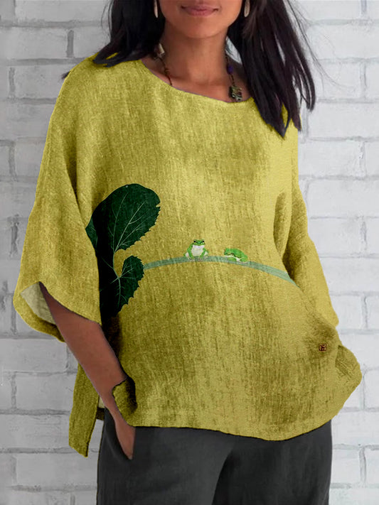 Comstylish Vintage Japanese Frog Linen Blend Cozy Tunic