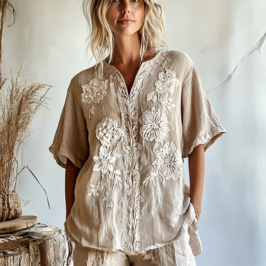 Comstylish Women's Vintage Bohemian Floral Pattern Cotton And Linen V-neck Shirt