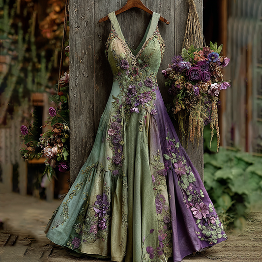 Classy Gradient Purple Lavender And Floral Embroidered Linen V Neck Maxi Dress artswardrobe