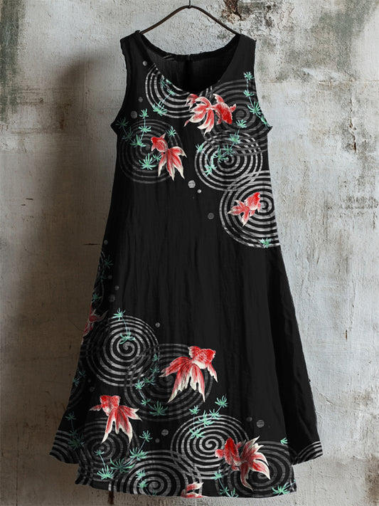 Comstylish Goldfish Ripples Japanese Art Linen Tank Dress