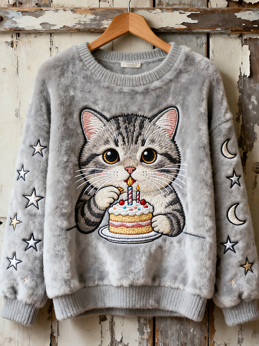 Comstylish Cat Birthday Flannel Crew Neck Sweatshirt