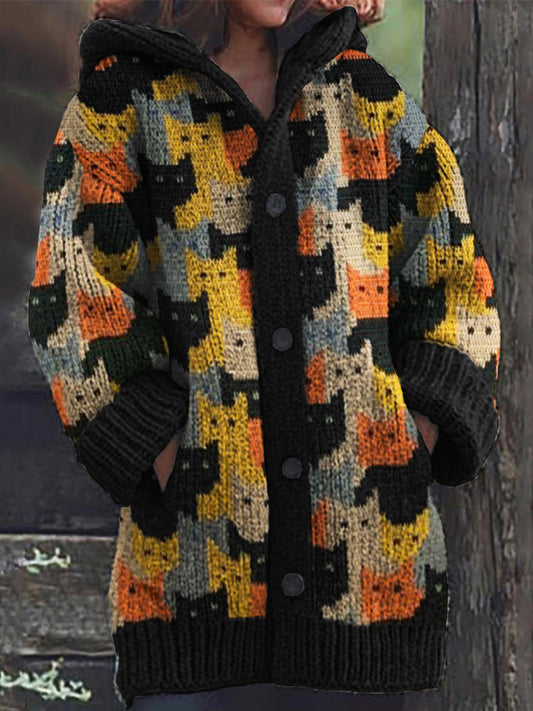 Colorful Cats Knit Art Cozy Hooded Cardigan elevenforest