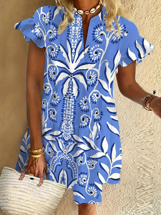 Flower ruffle short-sleeved V-neck button dress holiday beach dress