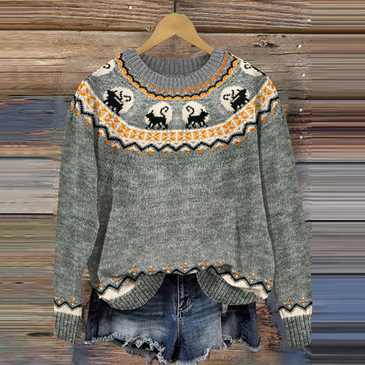 Halloween Cat Print Knitted Pullover Sweater artswardrobe