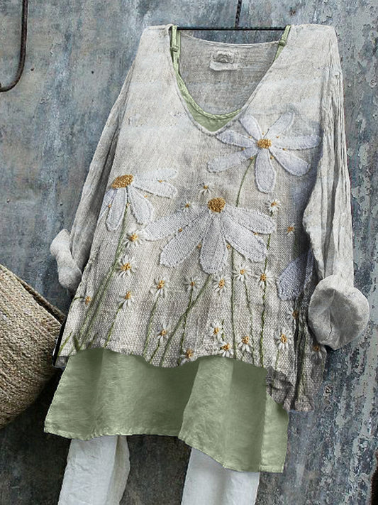 Cottage Daisies Floral Fiber Art Linen Tunic artswardrobe