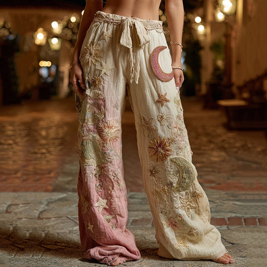 Star And Moon Embroidered Contrasting Linen Casual Pants artswardrobe