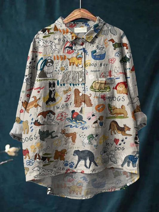 Comstylish Women's Cute Dog Art Print Casual Cotton And Linen Shirt